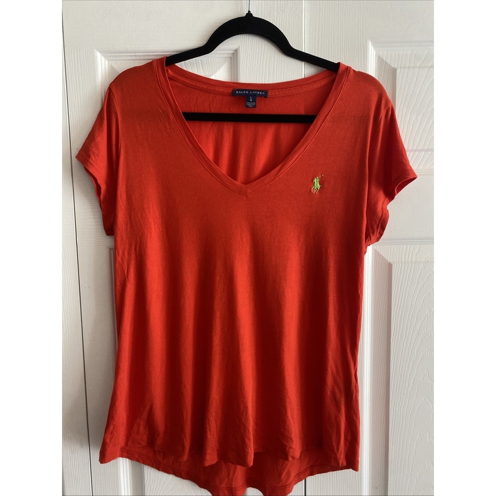 Ralph Lauren Womens Large Red V Neck Cotton Tee Made‎ in Peru